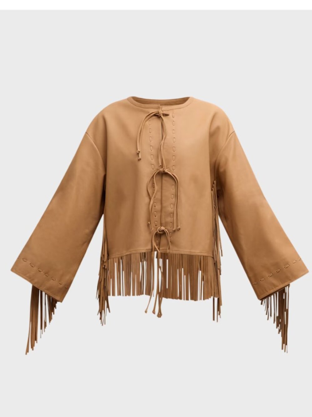 By Malene Birger Zoena Tie-Front Fringe Leather Jacket- TAN sz 38 (6)